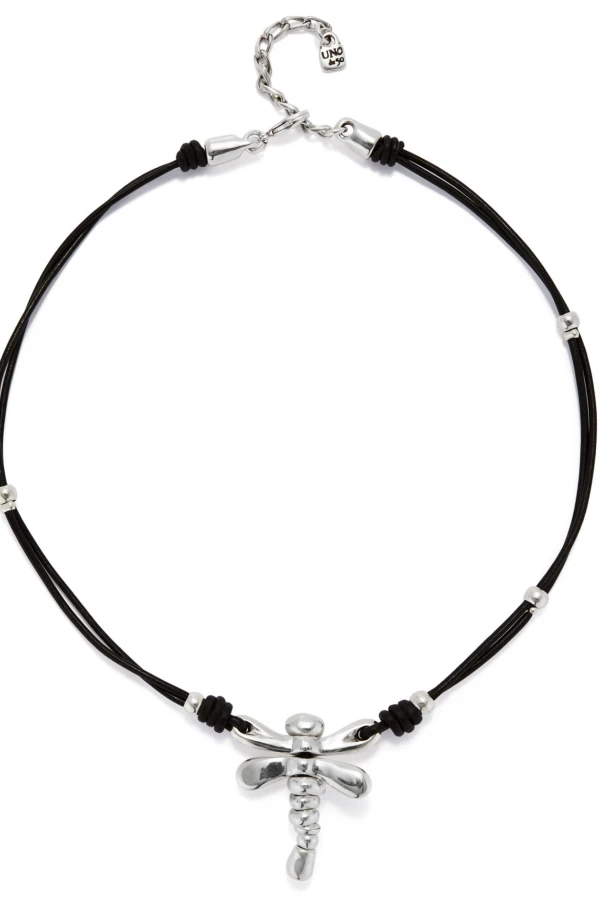 COLLAR DE CUERO Y LIBÉLULA BAÑADA EN PLATA DE LEY PLATA / BLANCO