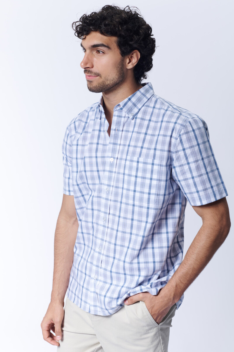 Camisa manga corta a cuadros Celeste
