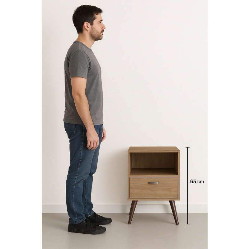 Mesa De Luz Nordica Retro Dormitorio 1 Estantes 1 Cajon Pro Marrón