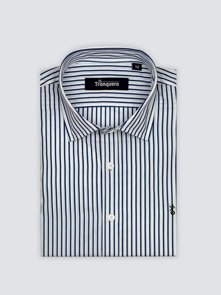 Camisa de Hombre Premium Cuello s/Botones - Raya Azul Fina 