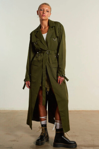 PINSTRIPE LONG TRENCH W/D-RING Verde