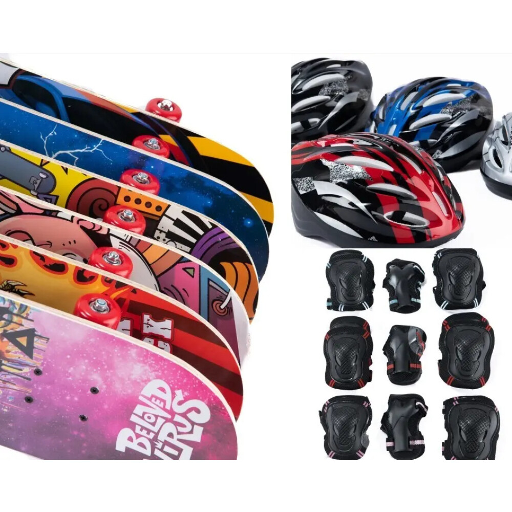 Set de patineta madera de 80cms + Set de protección + casco desde 8 años Set de patineta madera de 80cms + Set de protección + casco desde 8 años