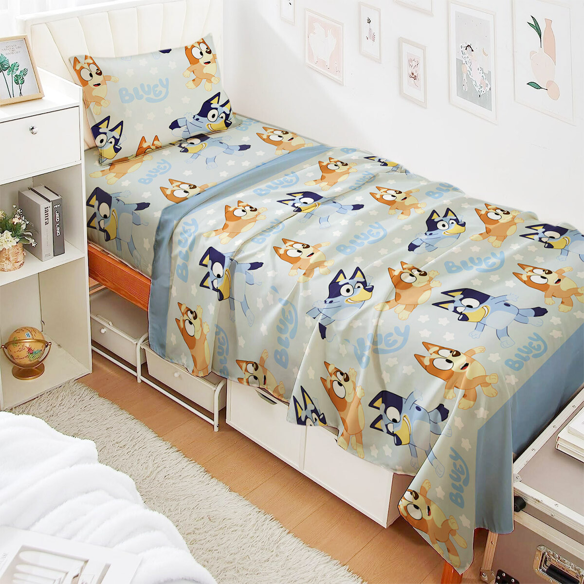 Juego Sábanas Infantil Bluey 1 Plaza 100% Microfibra - CELESTE CLARO 