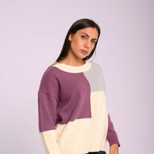 Buzo Dama Tejido Combinado Canva XS-XL Violeta/gris/beige