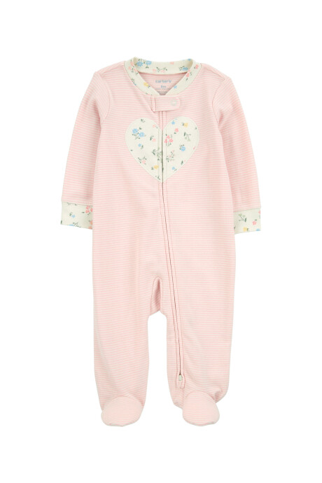 Pijama una pieza de algodón, con pie, rosado, estampa corazón Sin color