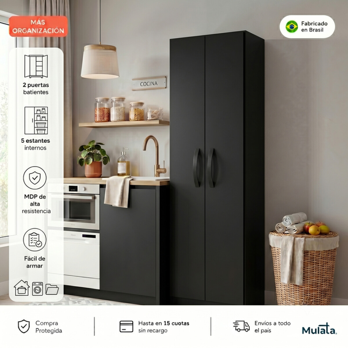 Mueble Multiusos Organizador de 5 Estantes con 2 Puertas - 170x 45,5 x 28,5 cm - Negro 