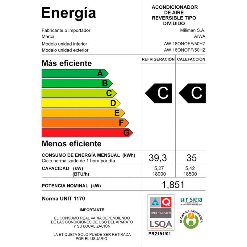 Aire Acondicionado AIWA 18000 BTU Split ON/OFF Frío/Calor Blanco Aire Acondicionado AIWA 18000 BTU Split ON/OFF Frío/Calor Blanco