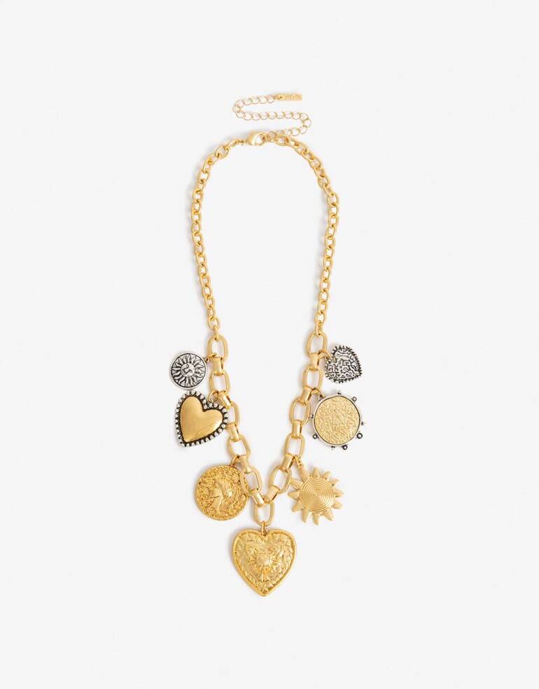 Collares Cortos Metal Collar Corto Multidijes Monedas Y Corazón - Dorado Oro Amarillo