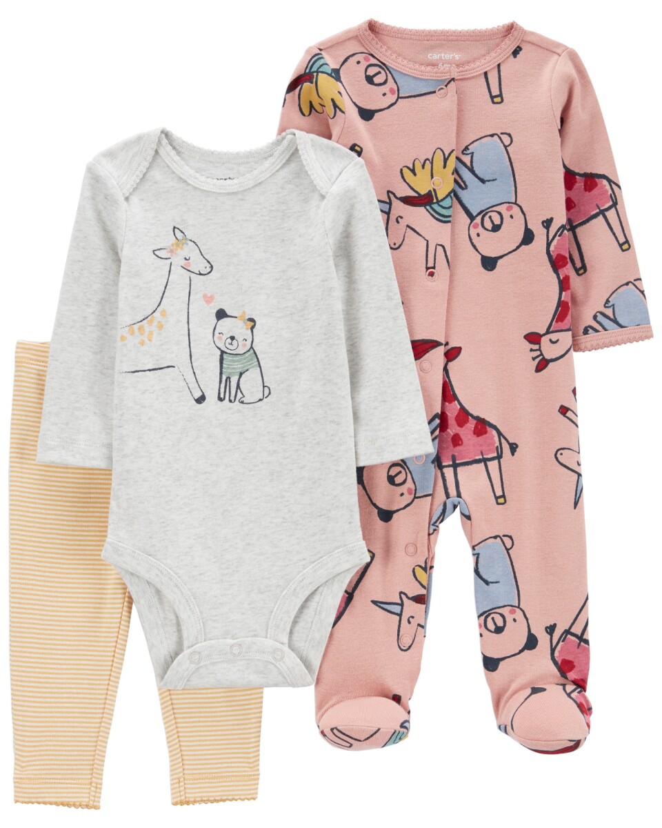 Set tres piezas pijama con pie, calza y body de algodón diseño animales 
