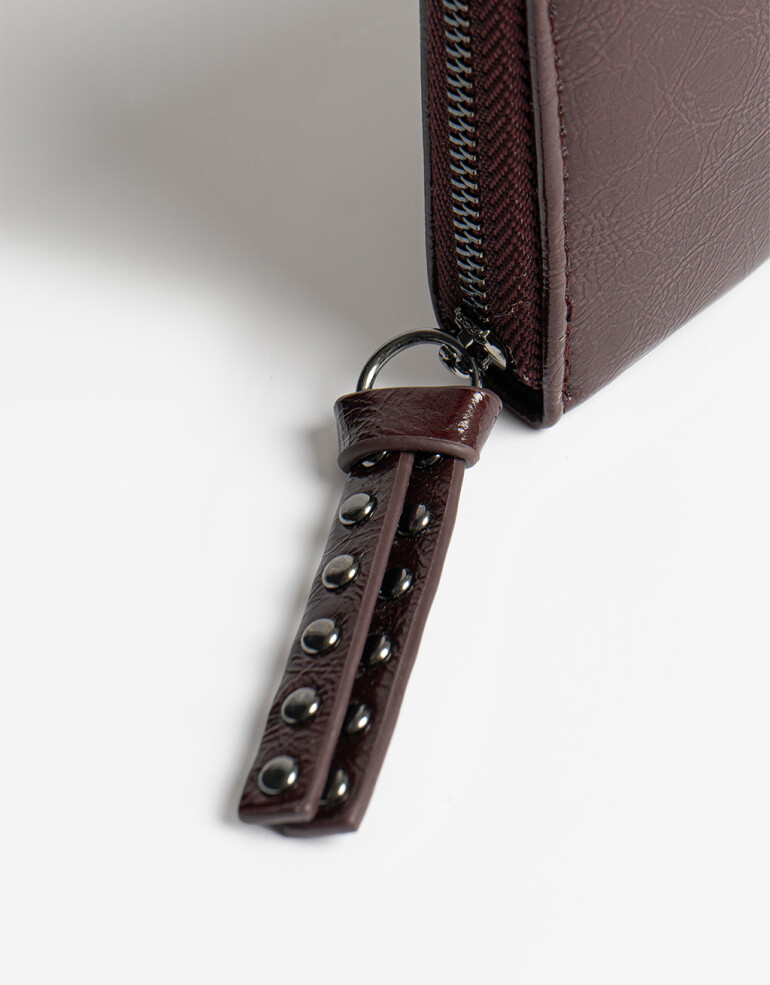 Billetera Zip Round Billetera Efecto Satinado - Rojo Burdeaux