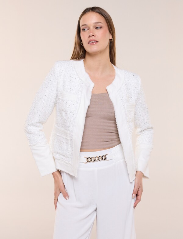 Chaqueta Bouclé Corta Con Lentejuelas BLANCO