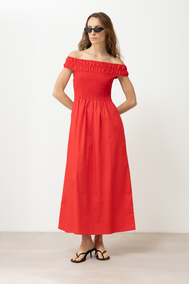 Vestido escote bardot con bolsillos rojo