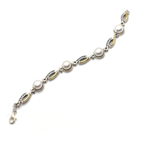 Pulsera en Oro y Plata 925 con Zirconias y Perla de Río Pulsera en Oro y Plata 925 con Zirconias y Perla de Río