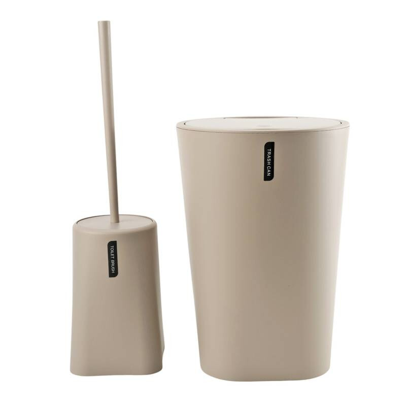 Set de Baño 2 Piezas con Papelera y Cepillo para Inodoro de Plástico Beige