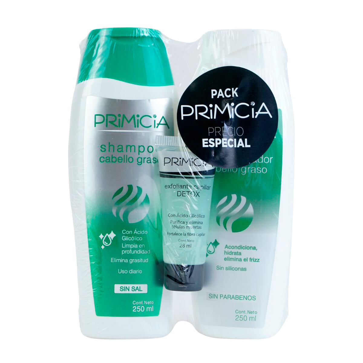 PACK PRIMICIA CABELLO GRASO (SHAMPOO 250ML + ACONDICIONADOR 250ML+ EXFOLIANTE) 