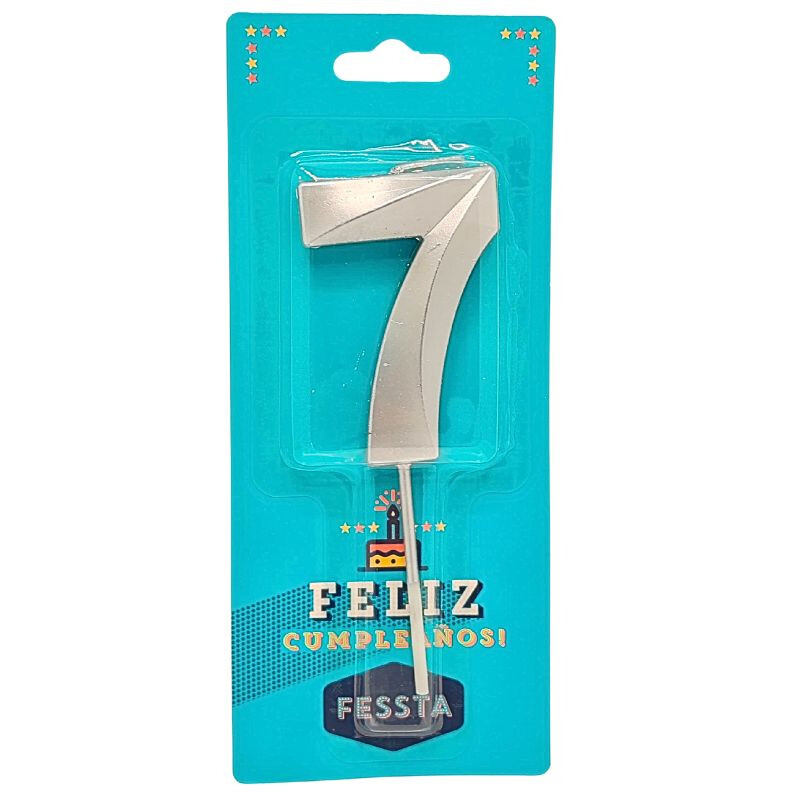 Vela Número 3D Grande Plateada SIETE