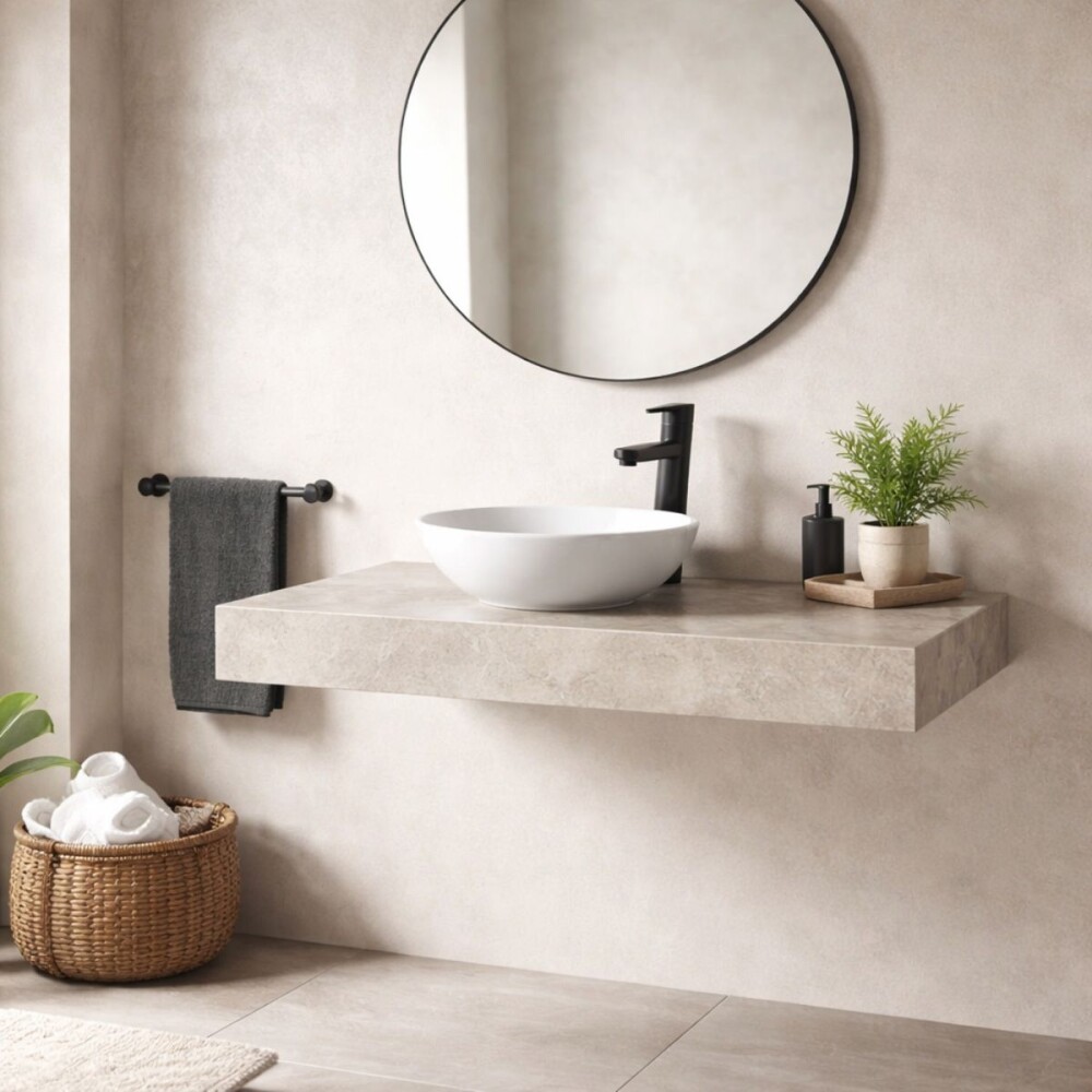 Mesada suspendida en porcelanato PERI 80 Beige Pulido y bacha de loza Mesada Suspendida En Porcelanato Peri 80 Beige Pulido Y Bacha De Loza