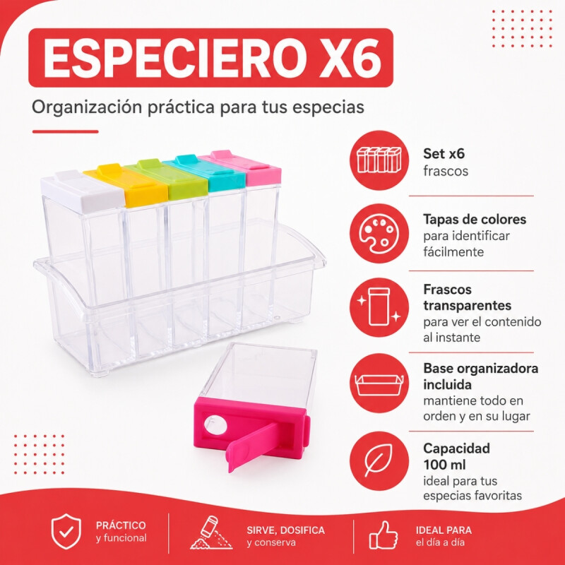 Especiero 6 Frascos con tapa de colores TRANSPARENTE