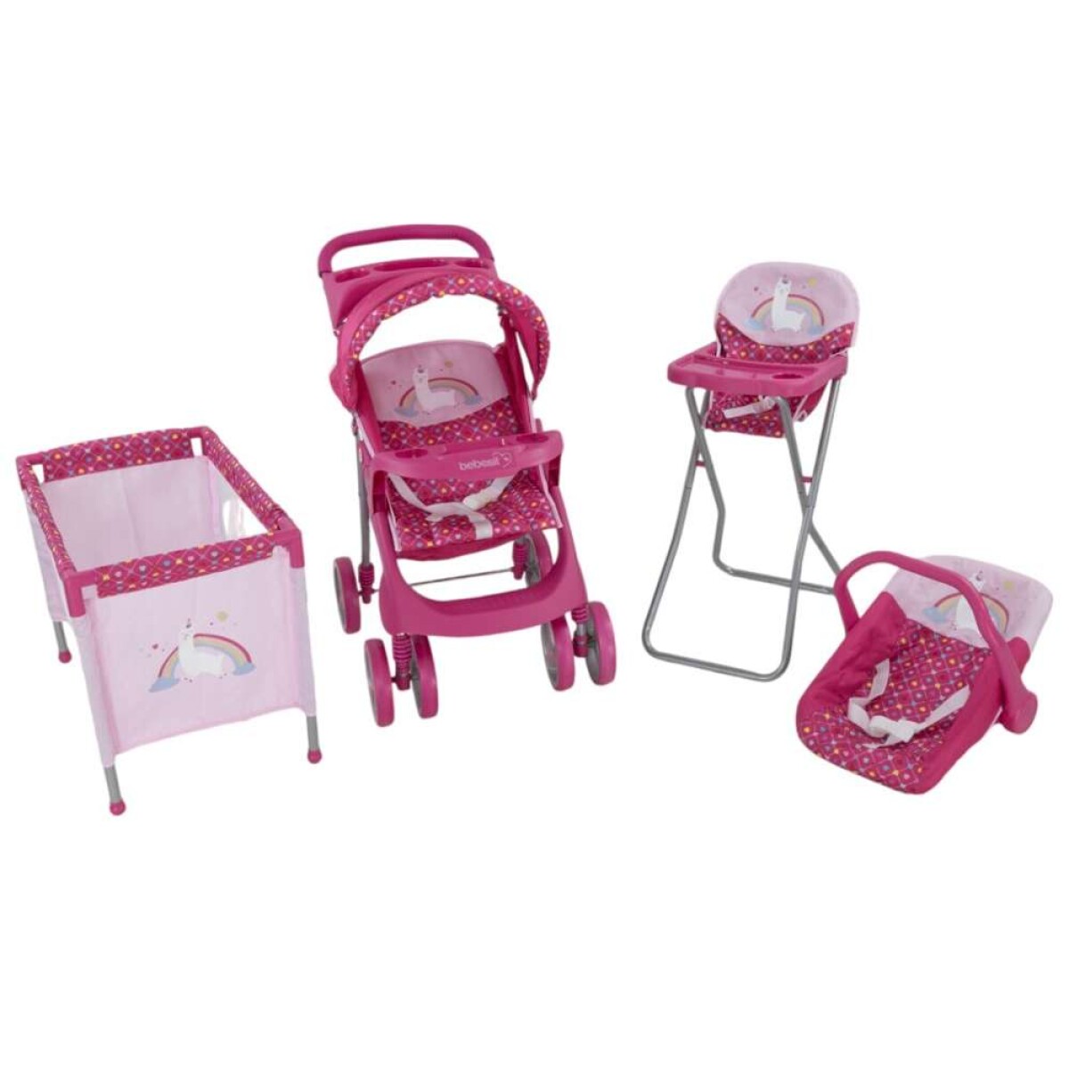 Coche De Muñeca Set 4 Piezas Fucsia - Llama 