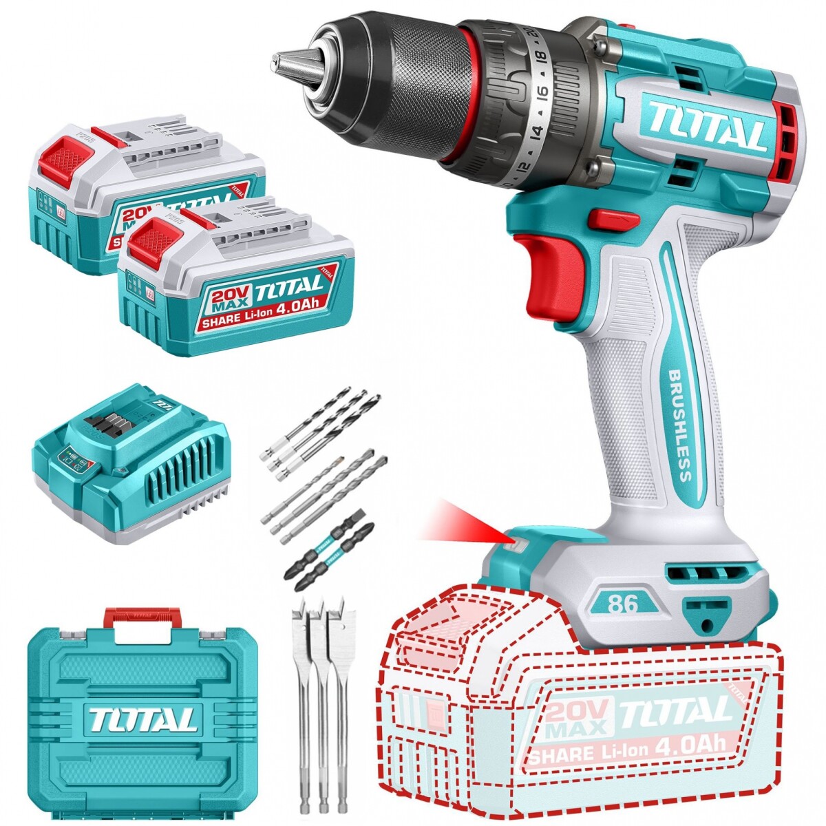 Taladro Percutor Y Atornillador 20v 86Nm - Doble Batería, Cargador Y Maletín - Sin Carbones 