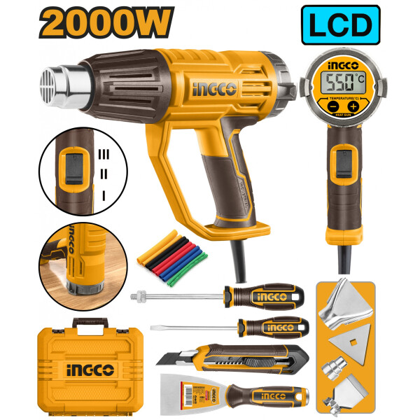 PISTOLA DE CALOR 2000W EN SET VALIJA Y ACCESORIOS LCD INGCO HG2000581 PISTOLA DE CALOR 2000W EN SET VALIJA Y ACCESORIOS LCD INGCO HG2000581