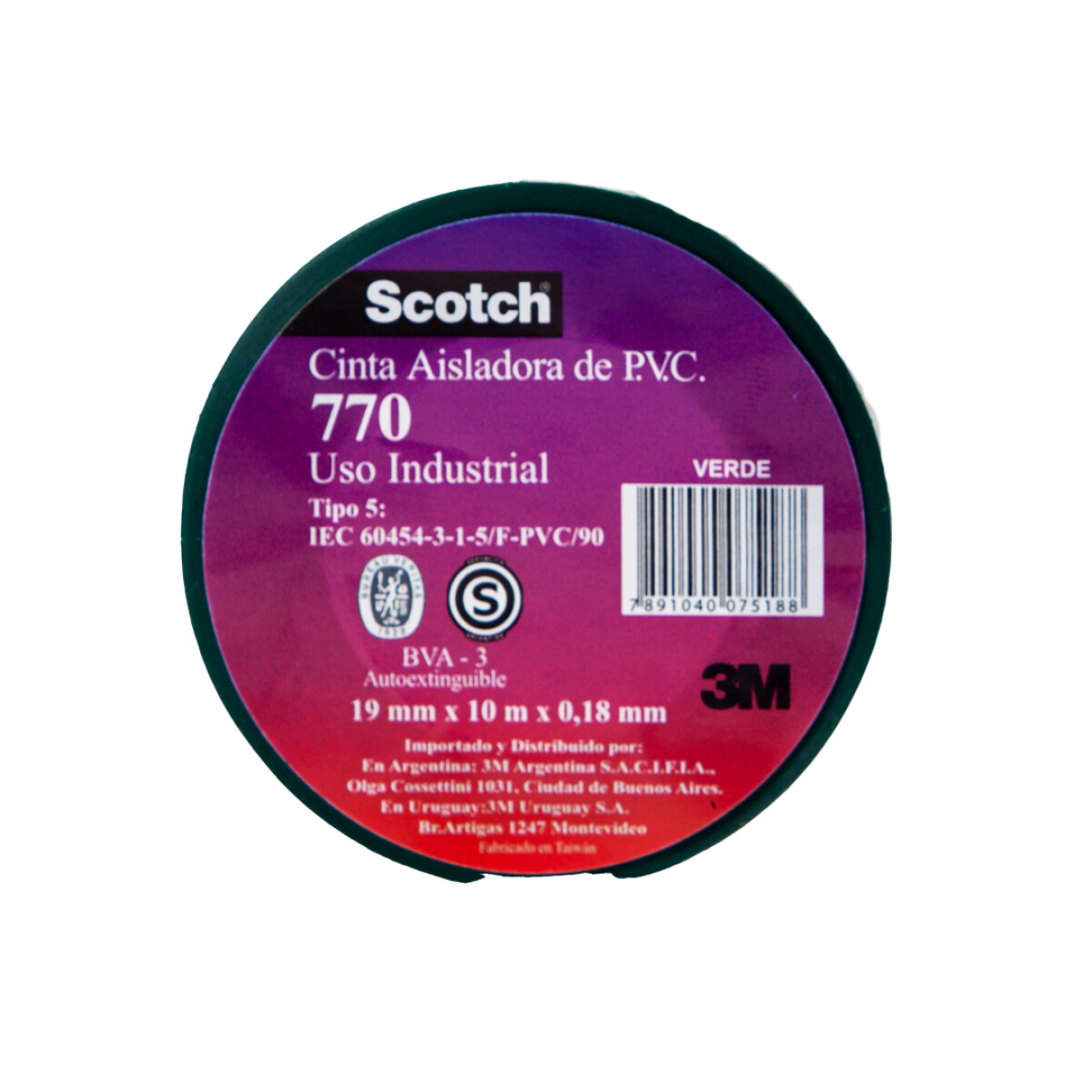 Cinta uso profesional PVC Scotch 770 3M - Verde 19 mm. x 10 m. 