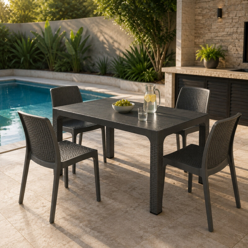 Mesa ratán 70x120 + 4 sillas sin apoya brazos GRIS