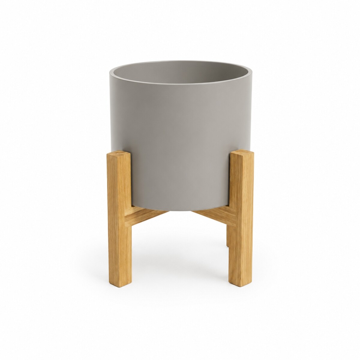 MACETA CERÁMICA M CON SOPORTE DE MADERA - GRIS CLARO 