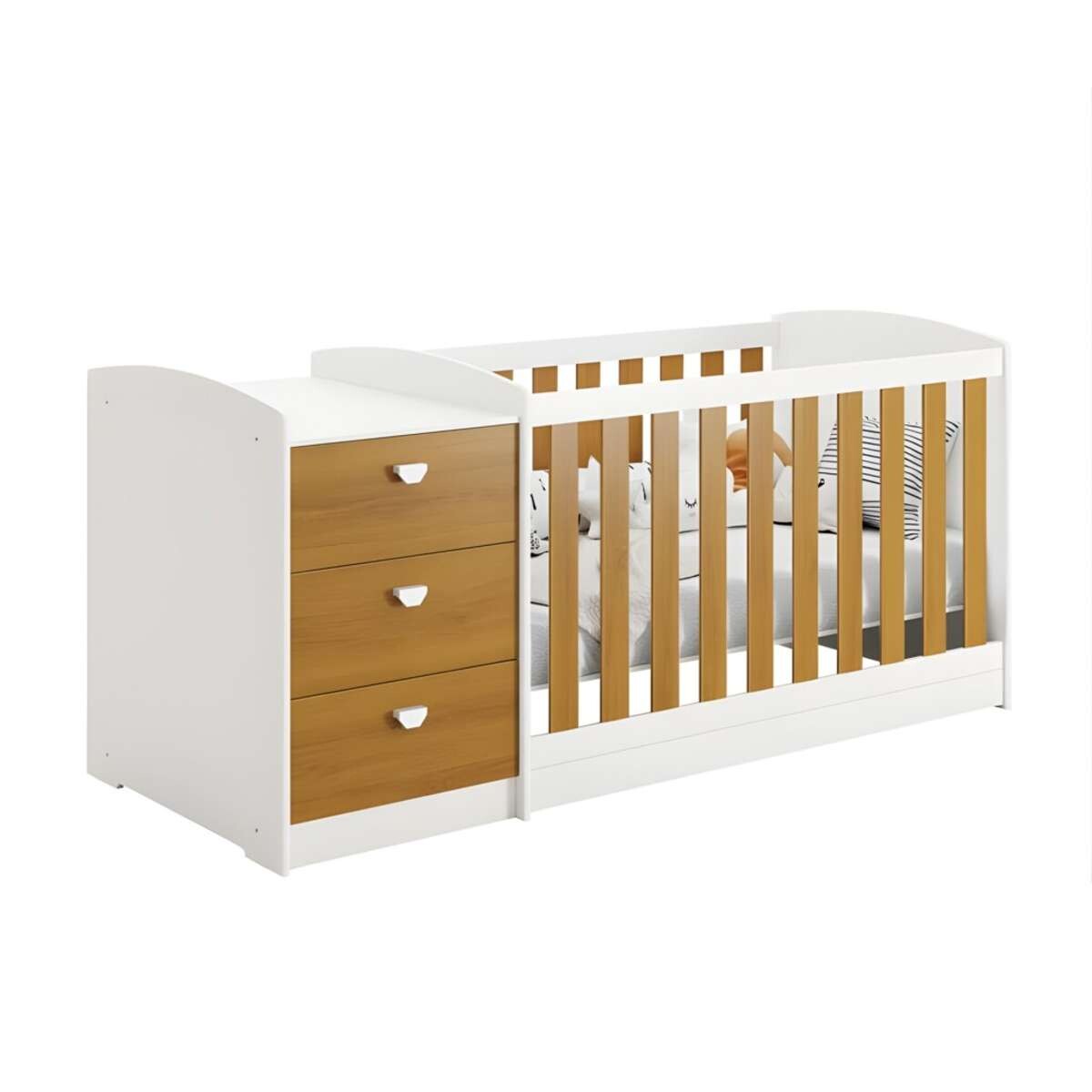 Cuna Convertible con Comoda Integrada 3 Cajones Atlanta - Blanco y Marron 