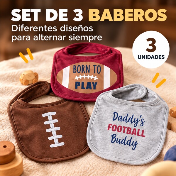 Set Baberos Para Bebé X3 Algodón Frases Surtidas Velcro Bordó 1