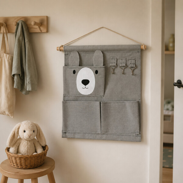 Organizador Colgante Infantil Osito Perchero Bolsillos Gris 1