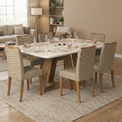 Juego De Comedor - 6 Sillas + Mesa Vidrio - Celeste Marrón | Beige