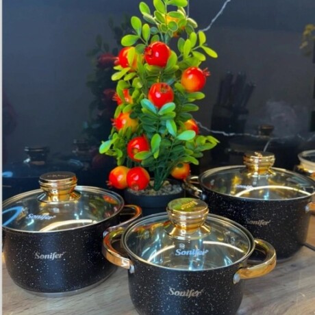 Batería De Cocina Sonifer Efecto Piedra C/tapa De Vidrio 6pc Negro
