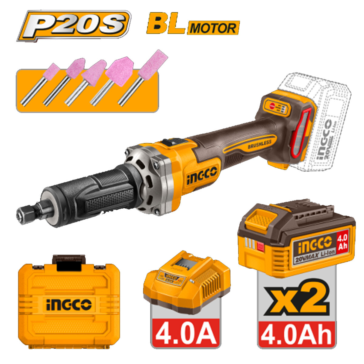 AMOLADORA RECTA A BATERIA 20V 6MM + 5 PUNTAS + 2 BAT 4.0AH + CARGADOR + VALIJA I 