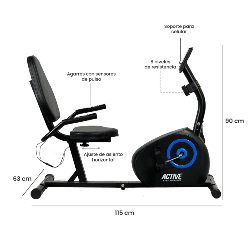 Bicicleta Fija Horizontal Active - Odómetro Pulsómetro Negro