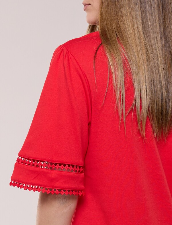 Remera De Algodón Con Detalles De Puntilla ROJO