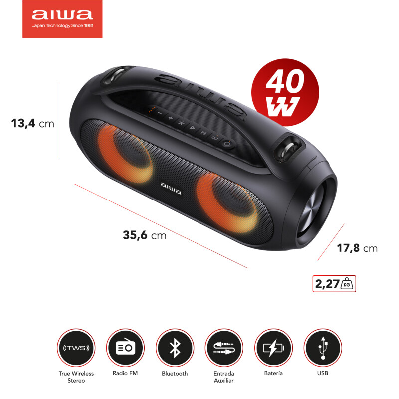 Parlante Boombox 40W R.M.S. | TWS | | AIWA | AW-S500BT Parlante Boombox 40W R.M.S. | TWS | | AIWA | AW-S500BT