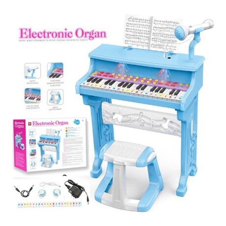 Piano Órgano Eléctrico 37 Teclas Niños c/Banco Micro Luz MP3 Celeste/blanco