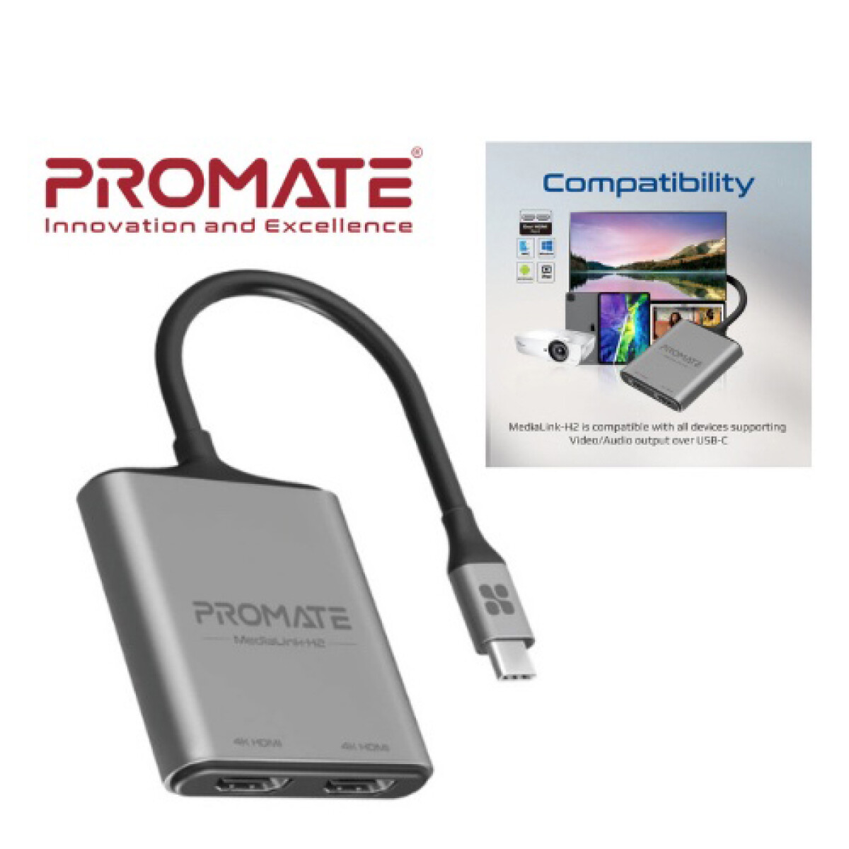 Hub Promate USB-C to Dual HDMI (x2) 4K 