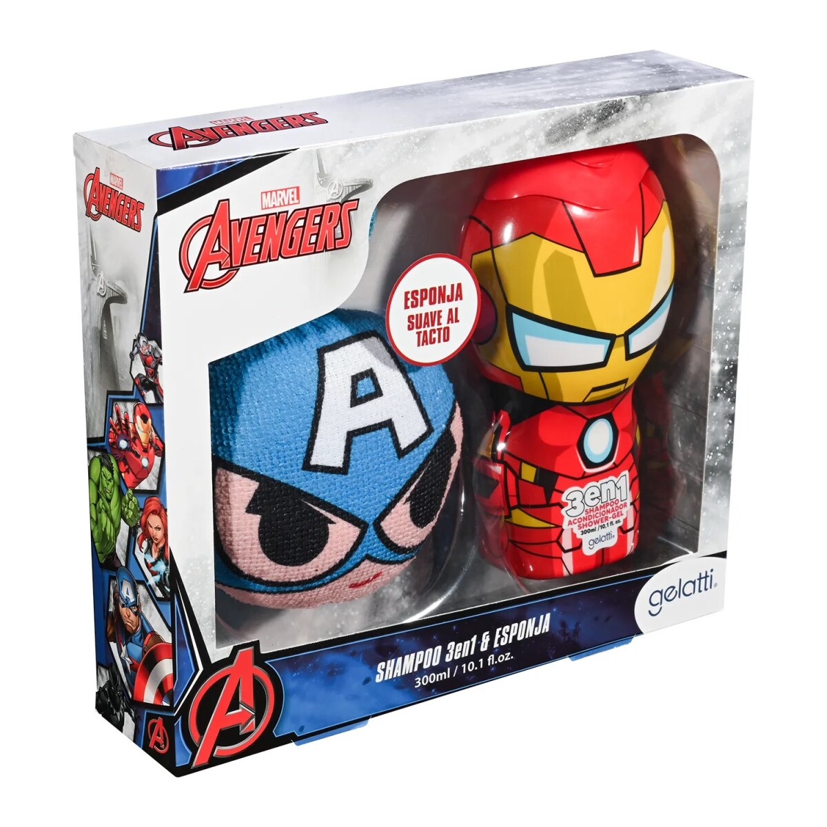 Set de Esponja Capitán América y Shampoo Iron Man 300ML 