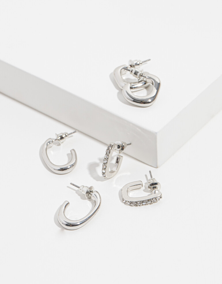 Aros Argollas Set Strass Aros Argollas Set Metal Con Detalle De Strass - Plateado Rodio