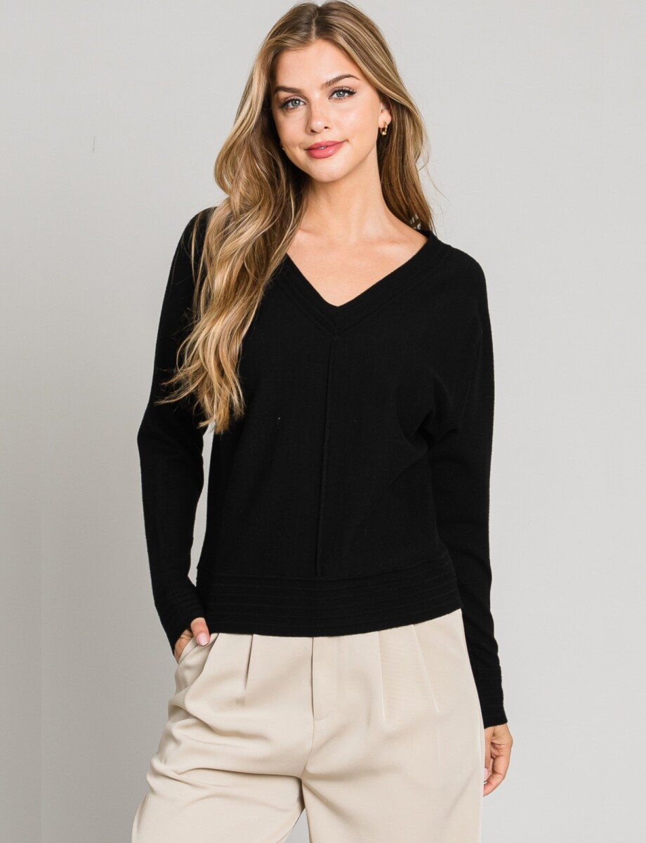 Buzo Tejido Fino Escote V Con Costura Central - Negro 