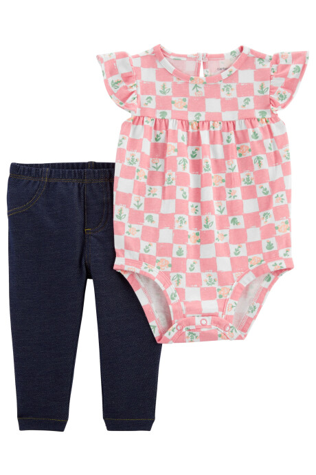 Set dos piezas pantalón jean y body de algodón diseño floral Sin color