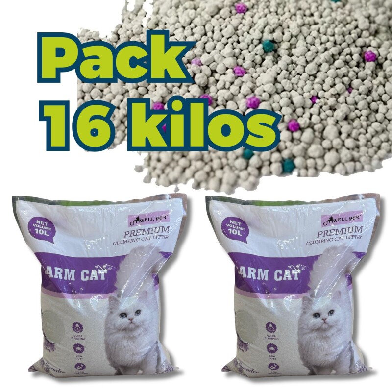 ARENA SANITARIA AGLOMERANTE CHARM CAT PREMIUM BAJO POLVO SIN OLORES PACK 16 KILOS LAVANDA