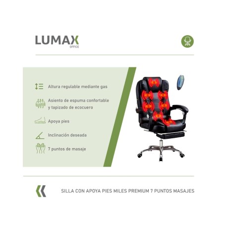 Silla Ejecutiva en cuero Lumax Modelo Miles con Apoyapies y 7 Puntos de Masaje Negro