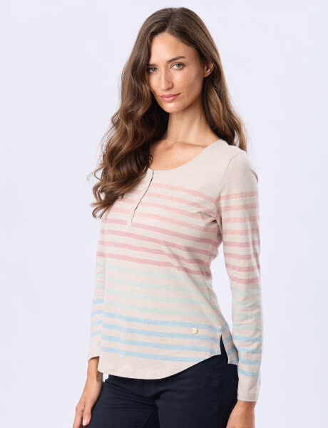 REMERA RAYADA CON BOTONES Beige