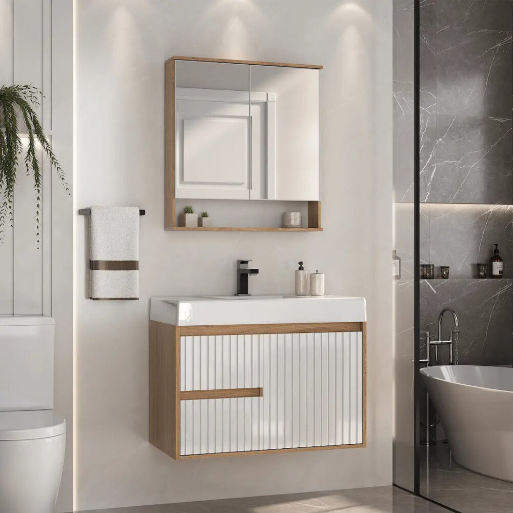 MUEBLE DE BAÑO SUSPENDIDO MODELO CLARICE 60 SIN TAPA - COLOR CATEDRAL CON BLANCO Mueble De Baño Suspendido Modelo Clarice 60 Sin Tapa - Color Catedral Con Blanco