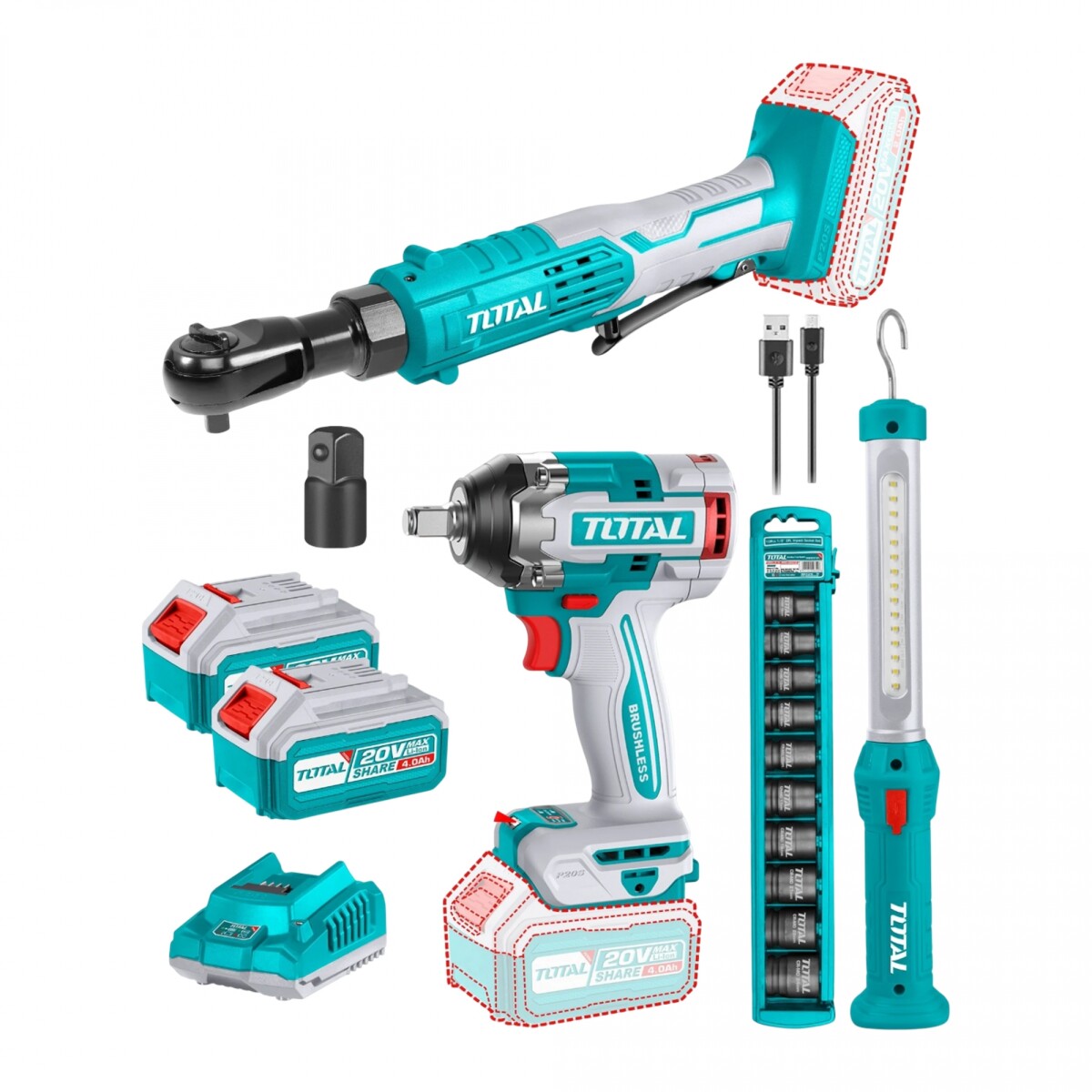 Kit Total Llave Impacto 1/2" + Cricket 3/8 + Linterna + Dados + 2 Baterias + Cargador 