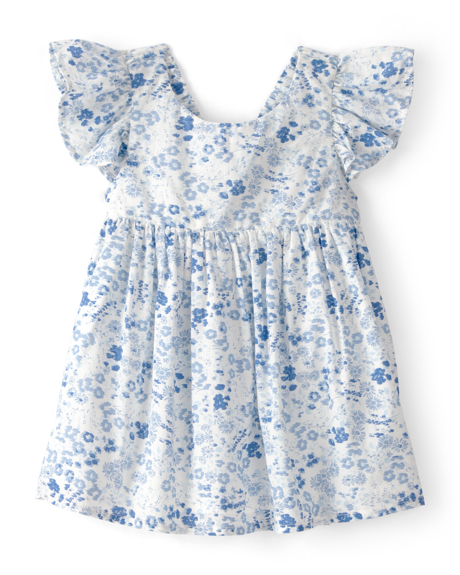 Vestido de algodón, mangas con volados, blanco y azul, diseño floral Sin color