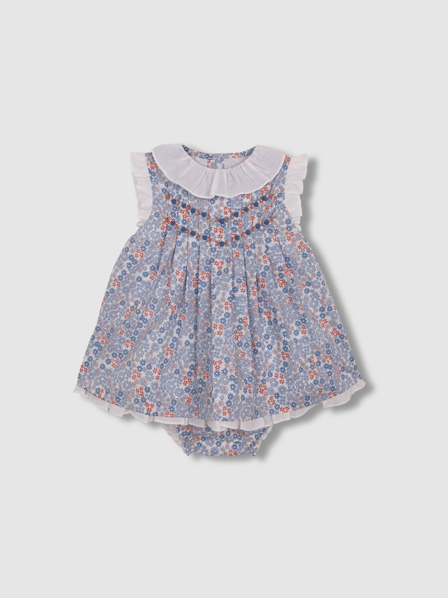 Vestido De Florecitas Con Nido De Abeja Azul Claro